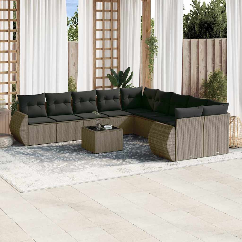 vidaXL 10-tlg. Garten-Sofagarnitur mit Kissen Schwarz Poly Rattan