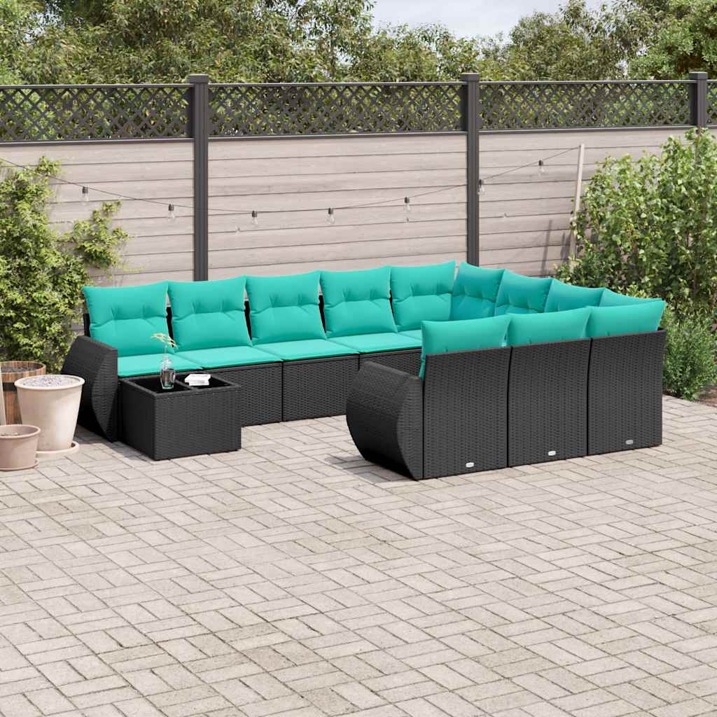 vidaXL 11-teiliges Gartensofa-Set mit Kissen, schwarzes Polyrattan