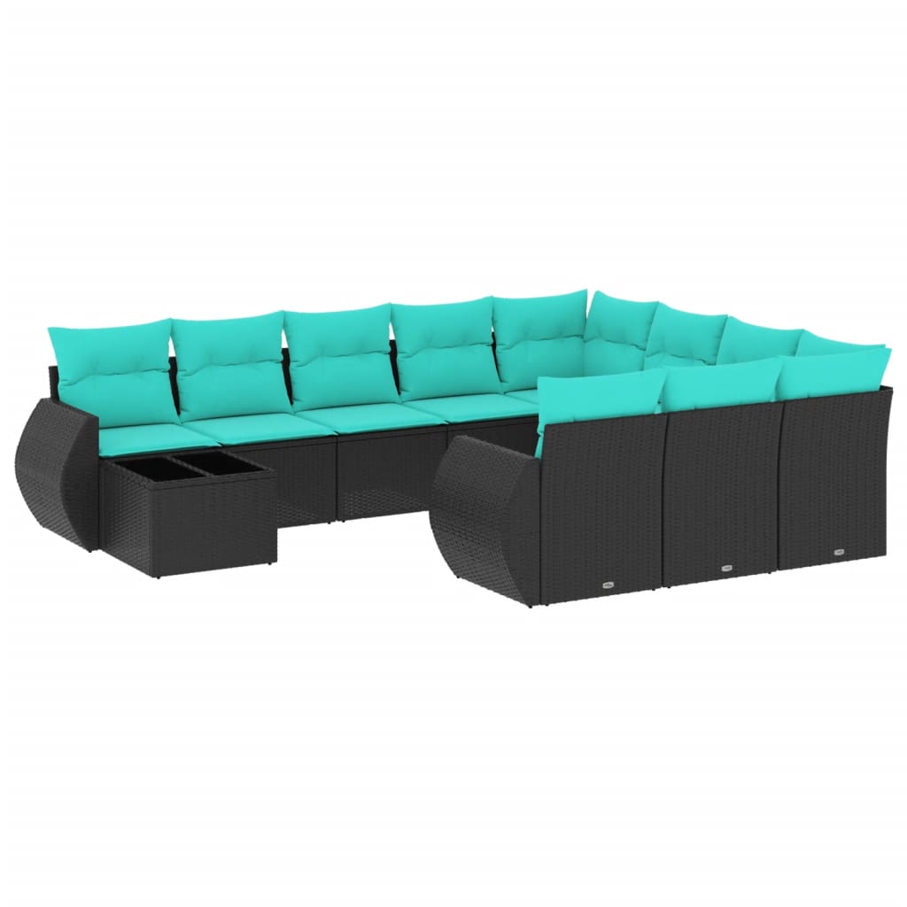 vidaXL 11-teiliges Gartensofa-Set mit Kissen, schwarzes Polyrattan