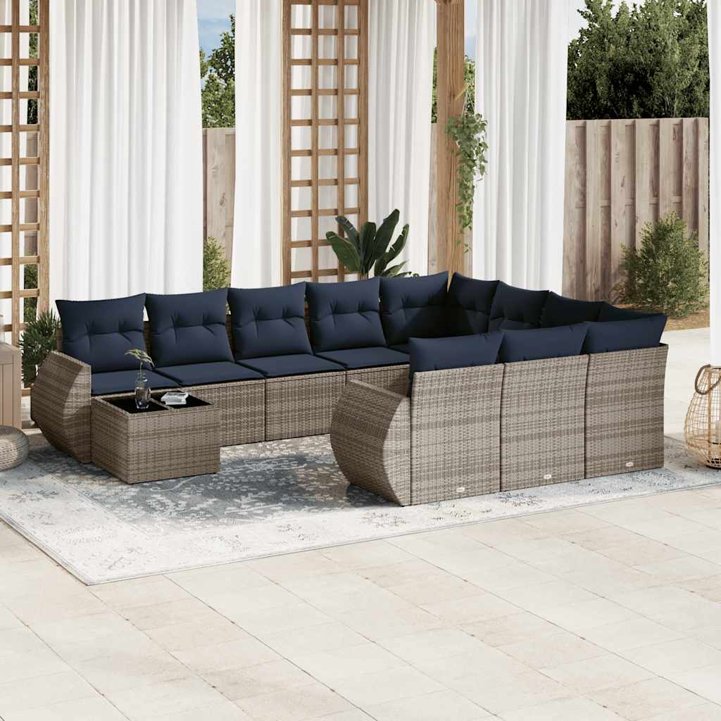 vidaXL 11-teiliges Gartensofa-Set mit Kissen, schwarzes Polyrattan