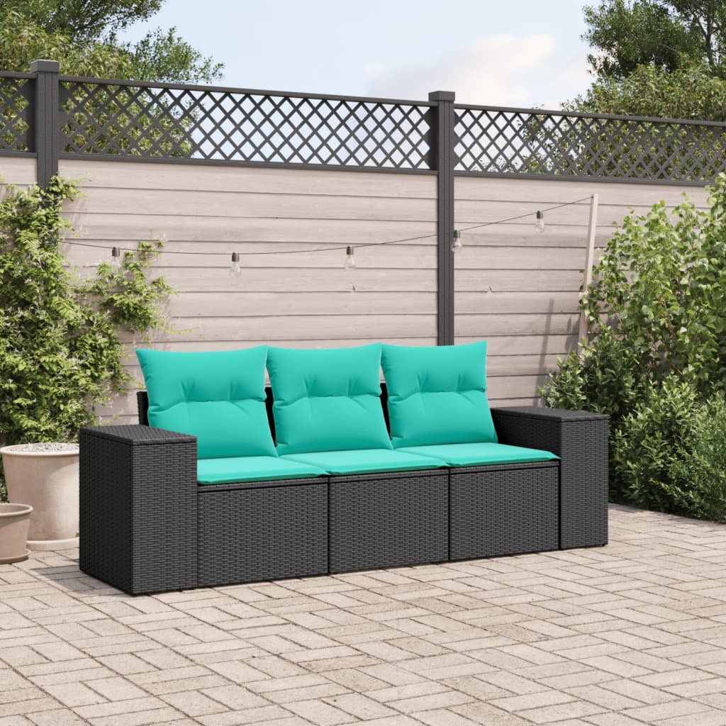 vidaXL 3-teiliges Gartensofa-Set mit Kissen, schwarzes Polyrattan