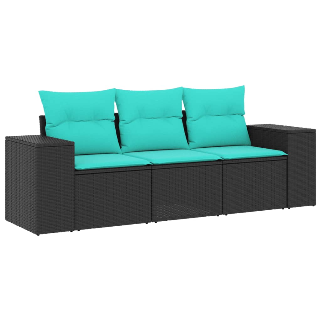 vidaXL 3-teiliges Gartensofa-Set mit Kissen, schwarzes Polyrattan