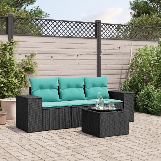 vidaXL 3-teiliges Gartensofa-Set mit Kissen, schwarzes Polyrattan