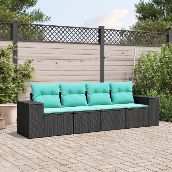 vidaXL 4-teiliges Gartensofa-Set mit Kissen, schwarzes Polyrattan