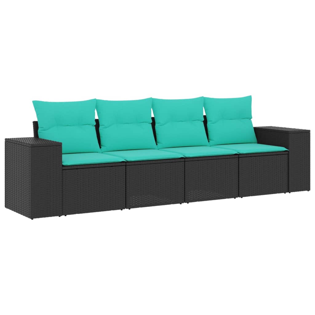 vidaXL 4-teiliges Gartensofa-Set mit Kissen, schwarzes Polyrattan