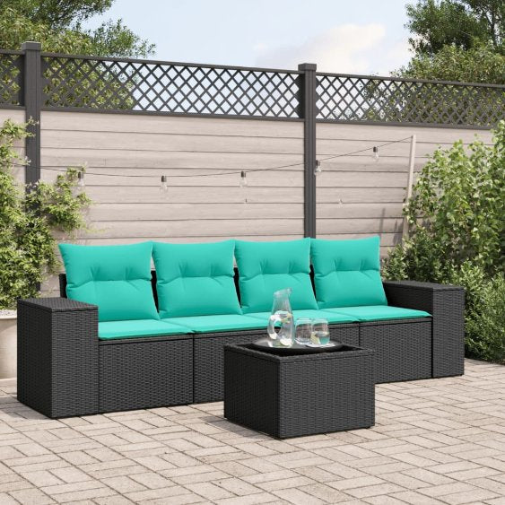 vidaXL 4-teiliges Gartensofa-Set mit Kissen, schwarzes Polyrattan