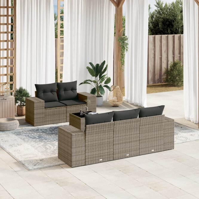 vidaXL 6-tlg. Garten-Sofagarnitur mit Kissen Schwarz Poly Rattan