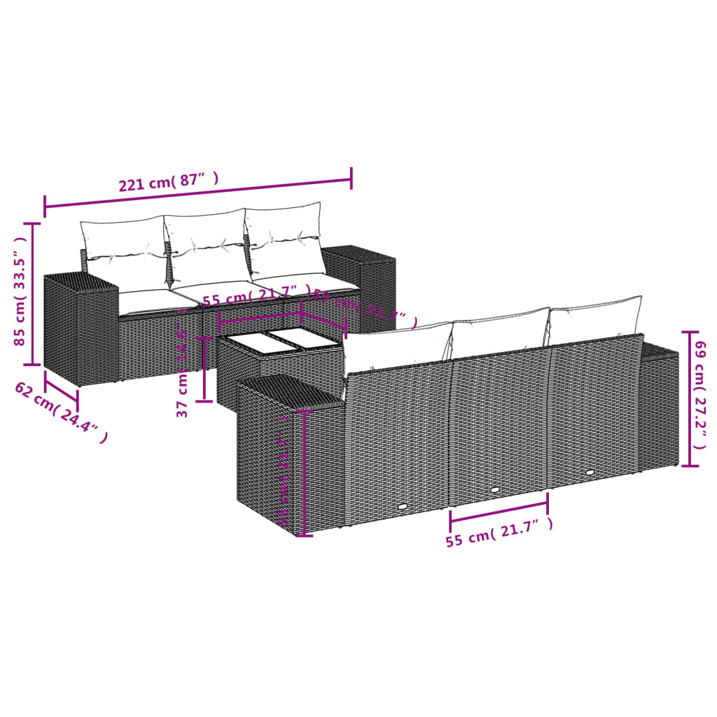 vidaXL 7-tlg. Garten-Sofagarnitur mit Kissen Schwarz Poly Rattan
