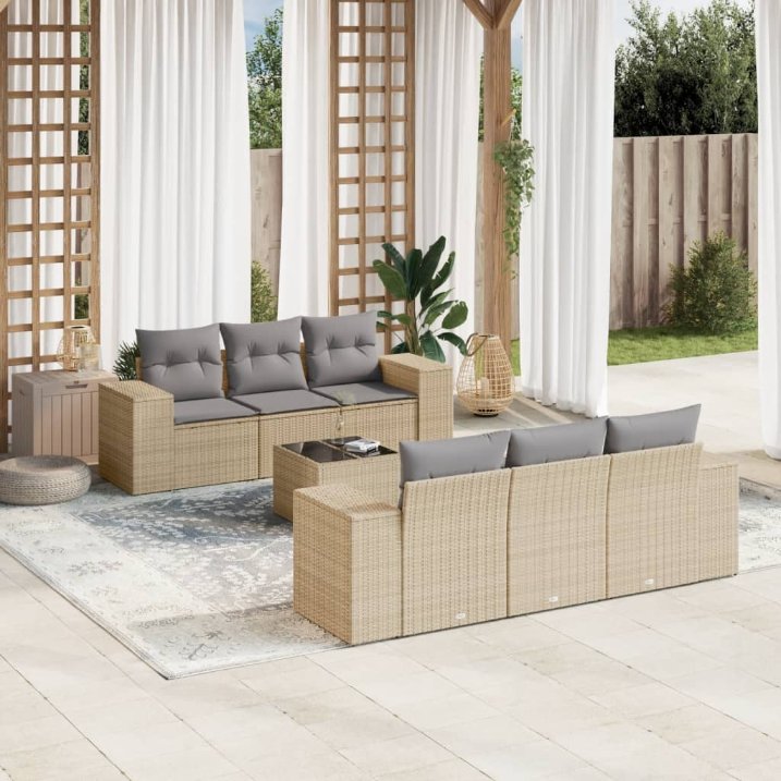 vidaXL 7-tlg. Garten-Sofagarnitur mit Kissen Schwarz Poly Rattan