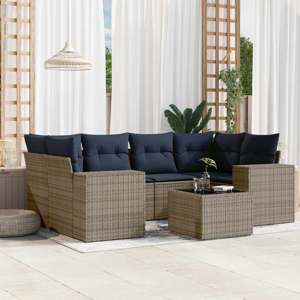 vidaXL 7-teiliges Gartensofa-Set mit Kissen, schwarzes Polyrattan