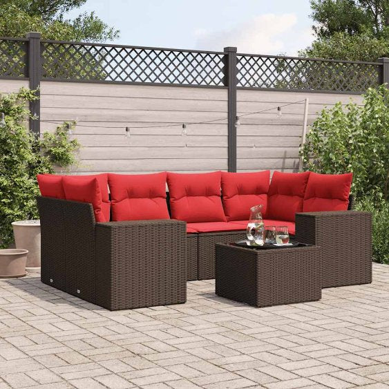 vidaXL 7-teiliges Gartensofa-Set mit Kissen, schwarzes Polyrattan