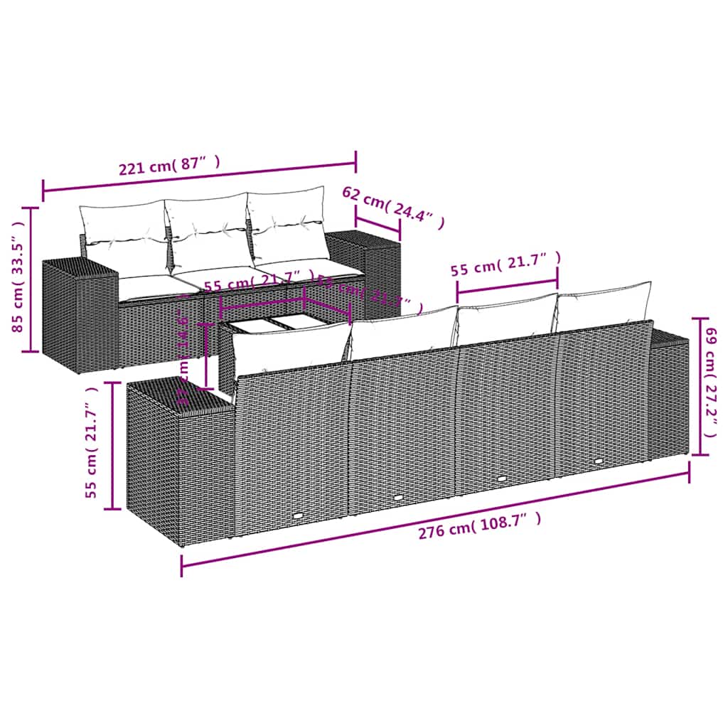 vidaXL 8-teiliges Gartensofa-Set mit Kissen, schwarzes Polyrattan