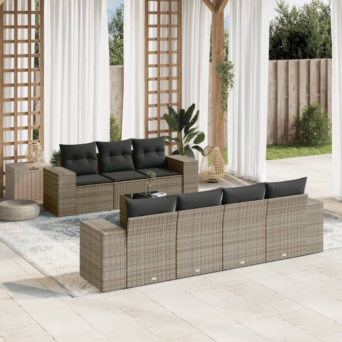 vidaXL 8-tlg. Garten-Sofagarnitur mit Kissen Schwarz Poly Rattan