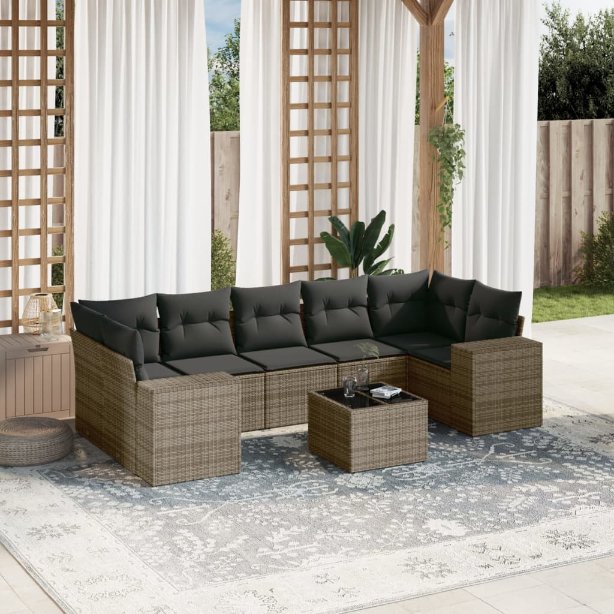 vidaXL 8-tlg. Garten-Sofagarnitur mit Kissen Schwarz Poly Rattan