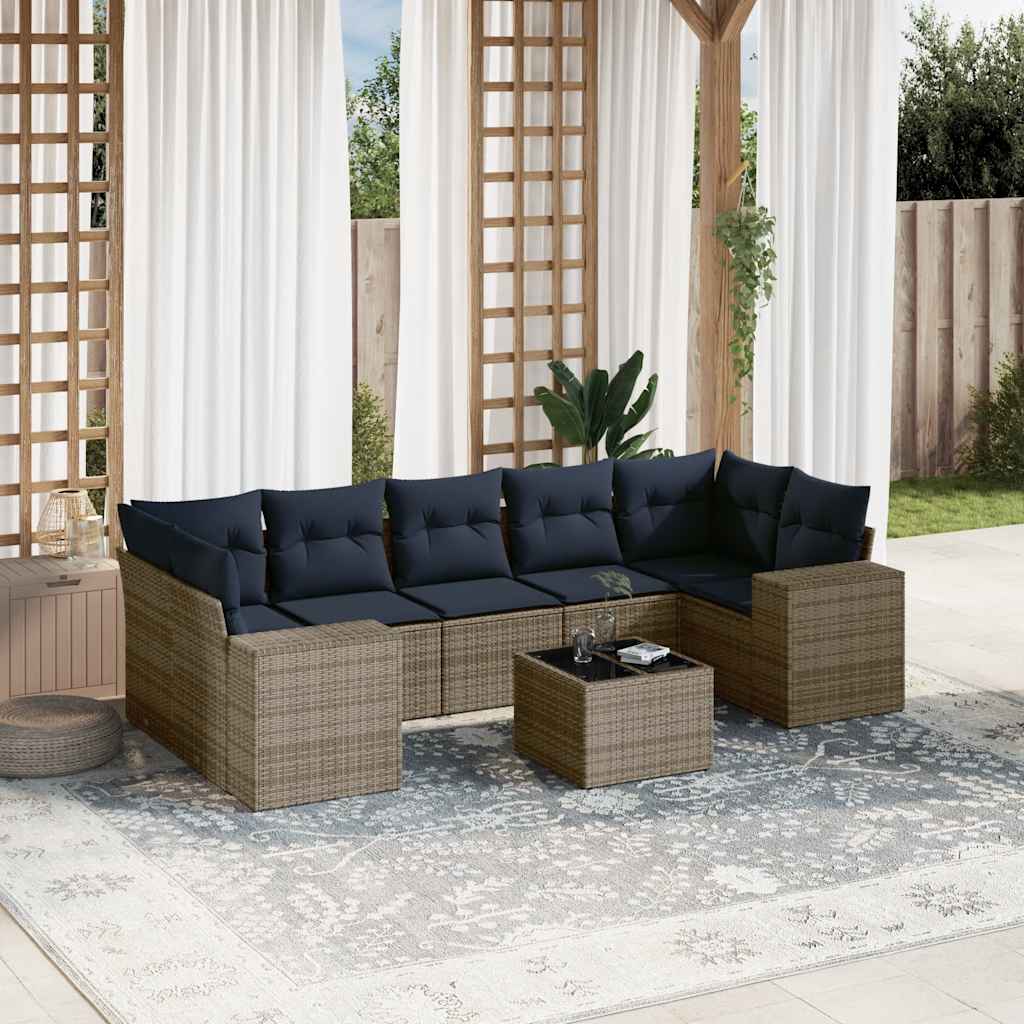 vidaXL 8-teiliges Gartensofa-Set mit Kissen, schwarzes Polyrattan