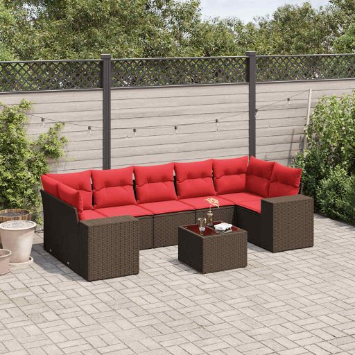 vidaXL 8-teiliges Gartensofa-Set mit Kissen, schwarzes Polyrattan
