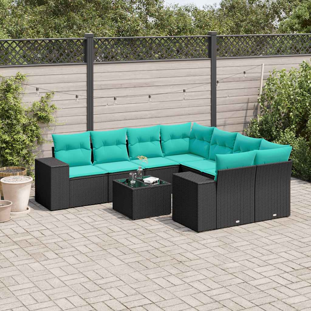vidaXL 9-teiliges Gartensofa-Set mit Kissen, schwarzes Polyrattan