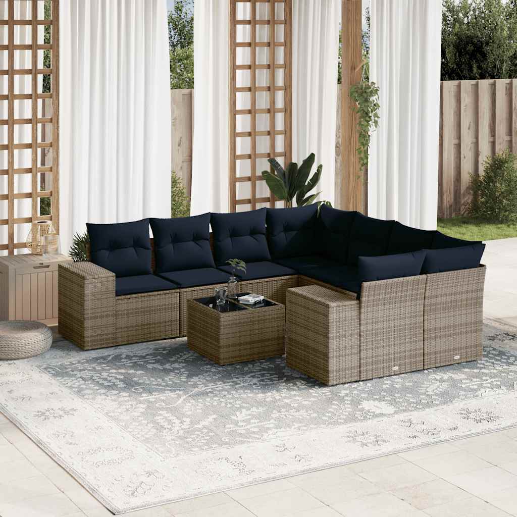 vidaXL 9-teiliges Gartensofa-Set mit Kissen, schwarzes Polyrattan