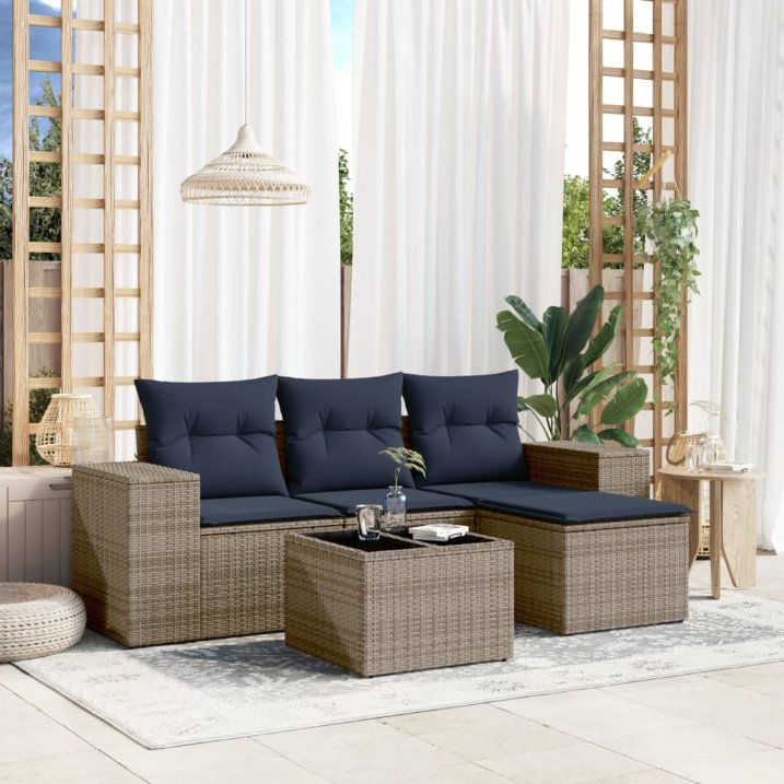 vidaXL 4-teiliges Gartensofa-Set mit Kissen, schwarzes Polyrattan