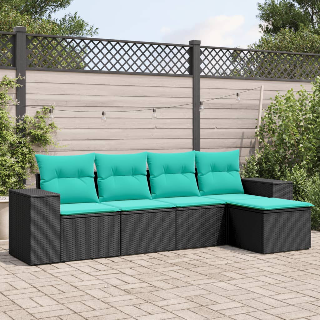 vidaXL 5-teiliges Gartensofa-Set mit Kissen, schwarzes Polyrattan