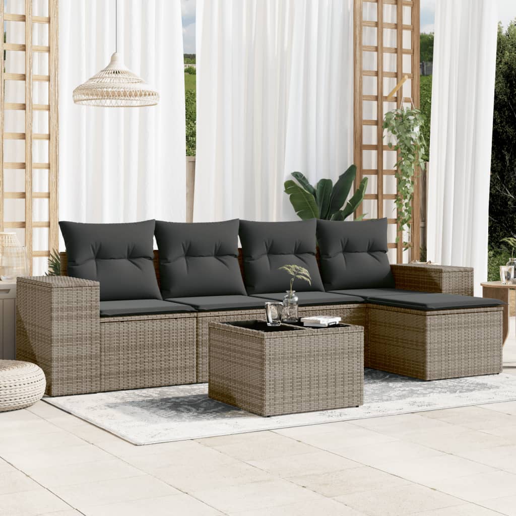 vidaXL 5-tlg. Garten-Sofagarnitur mit Kissen Schwarz Poly Rattan