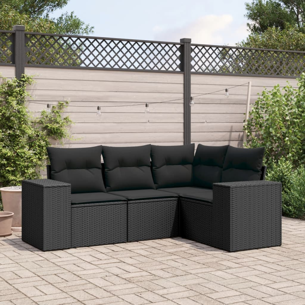 vidaXL 4-tlg. Garten-Sofagarnitur mit Kissen Schwarz Poly Rattan