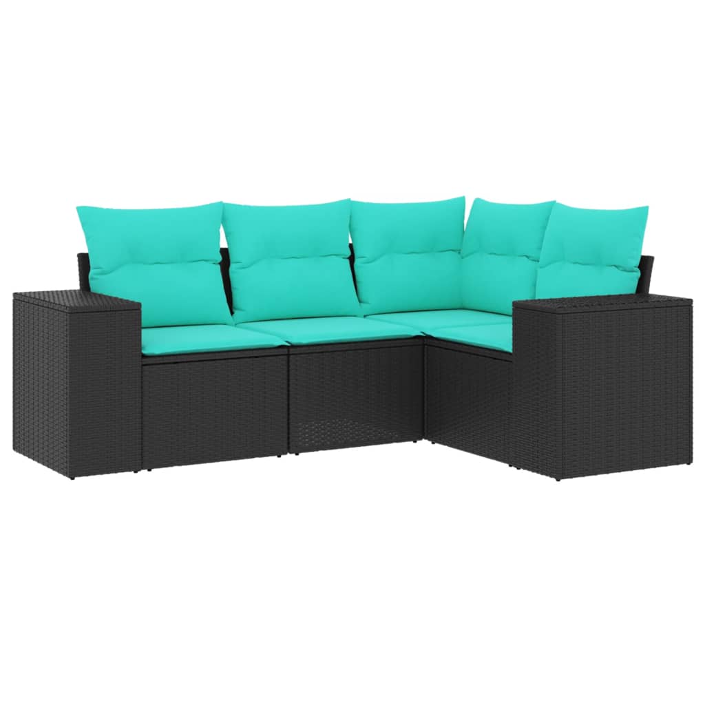 vidaXL 4-teiliges Gartensofa-Set mit Kissen, schwarzes Polyrattan