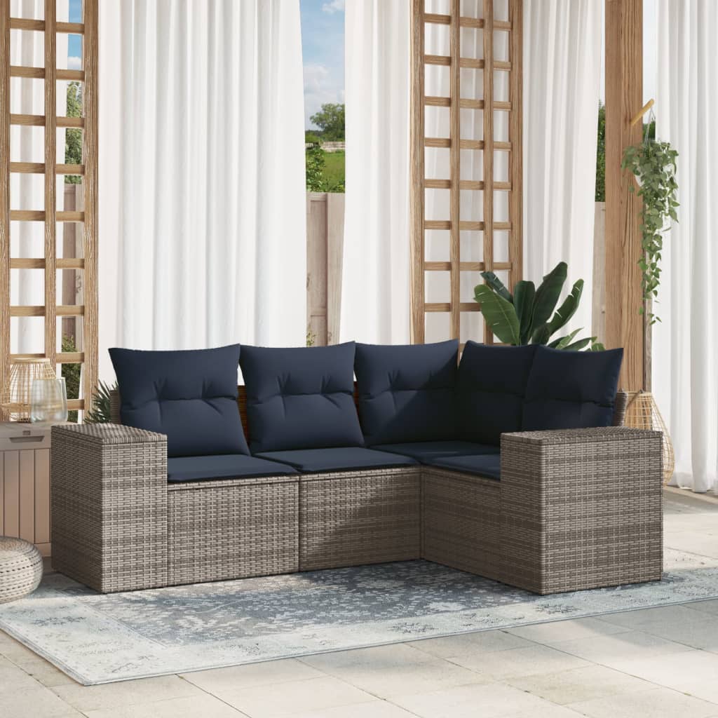 vidaXL 4-teiliges Gartensofa-Set mit Kissen, schwarzes Polyrattan