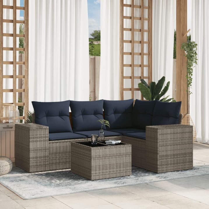 vidaXL 4-teiliges Gartensofa-Set mit Kissen, schwarzes Polyrattan