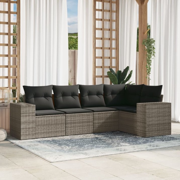 vidaXL 5-tlg. Garten-Sofagarnitur mit Kissen Schwarz Poly Rattan