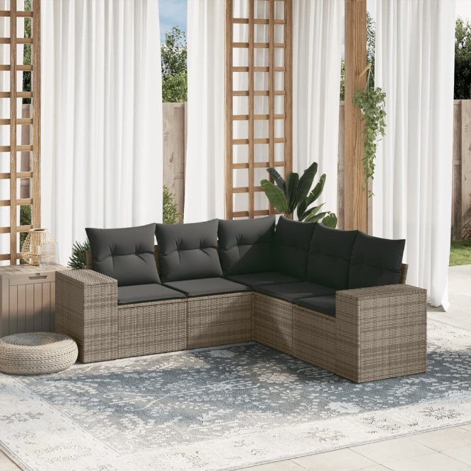 5-tlg. Garten-Sofagarnitur mit Kissen Schwarz Poly Rattan