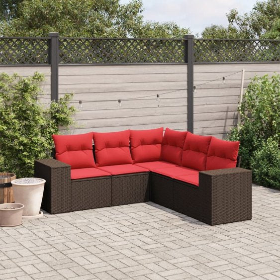 5-teiliges Gartensofa-Set mit Kissen, schwarzes Polyrattan
