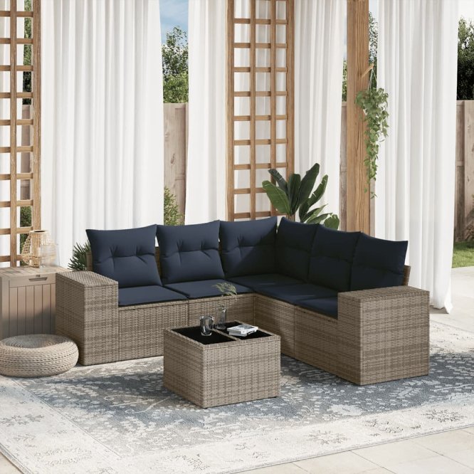 5-teiliges Gartensofa-Set mit Kissen, schwarzes Polyrattan