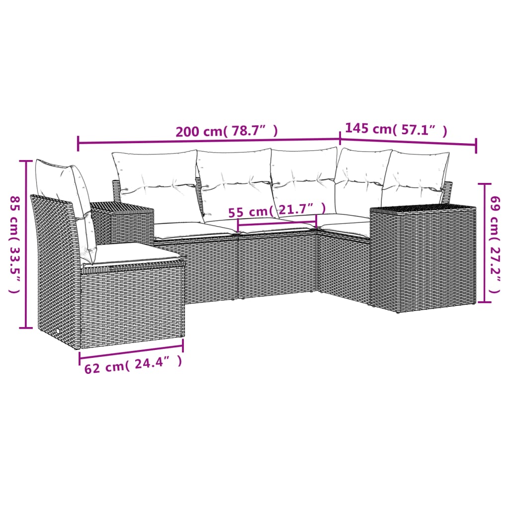 5-teiliges Gartensofa-Set mit Kissen, schwarzes Polyrattan