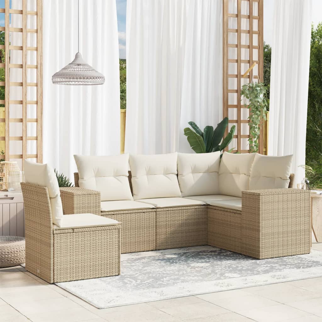 5-tlg. Garten-Sofagarnitur mit Kissen Schwarz Poly Rattan