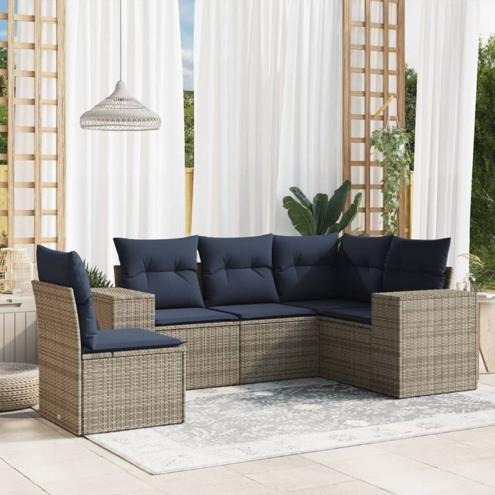 5-teiliges Gartensofa-Set mit Kissen, schwarzes Polyrattan