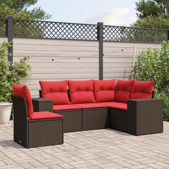 5-teiliges Gartensofa-Set mit Kissen, schwarzes Polyrattan