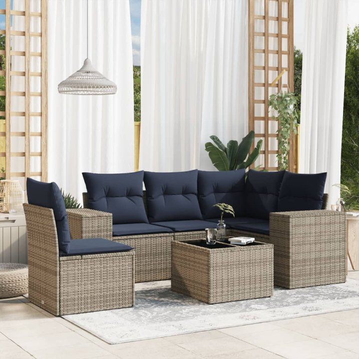 5-teiliges Gartensofa-Set mit Kissen, schwarzes Polyrattan
