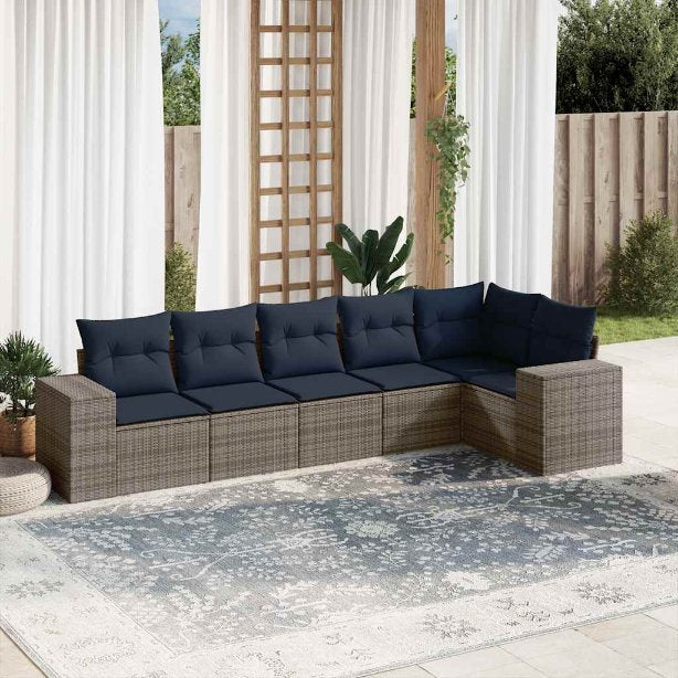 6-teiliges Gartensofa-Set mit Kissen, schwarzes Polyrattan