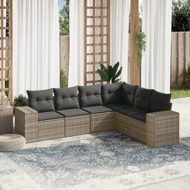 6-tlg. Garten-Sofagarnitur mit Kissen Schwarz Poly Rattan