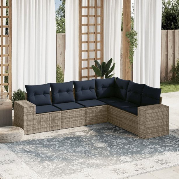 6-teiliges Gartensofa-Set mit Kissen, schwarzes Polyrattan