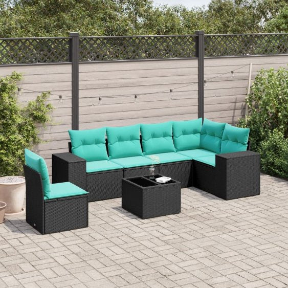 6-teiliges Gartensofa-Set mit Kissen, schwarzes Polyrattan