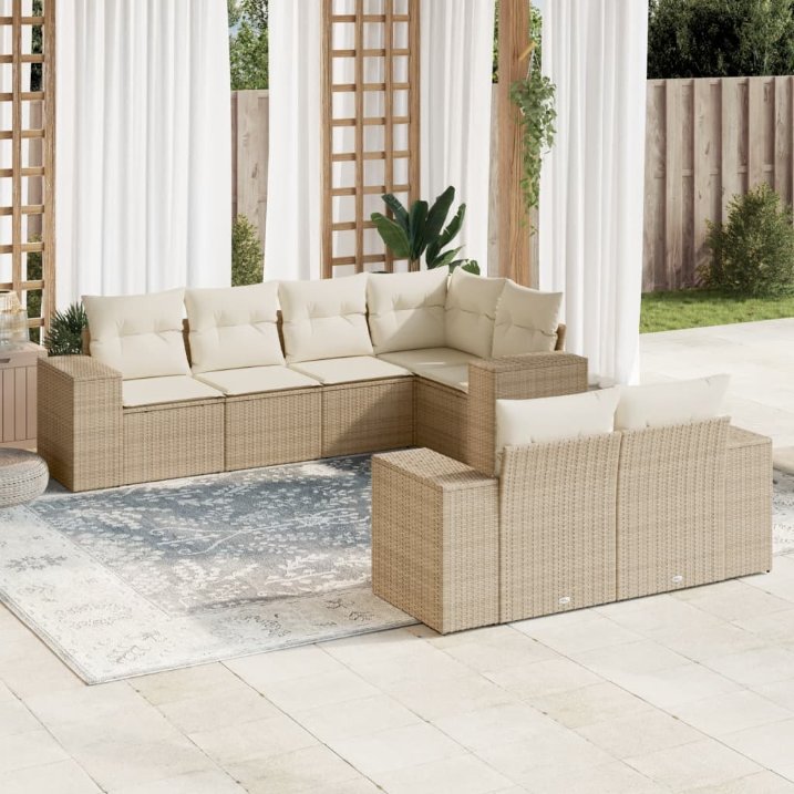 7-tlg. Garten-Sofagarnitur mit Kissen Schwarz Poly Rattan