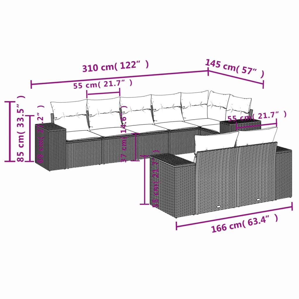 8-teiliges Gartensofa-Set mit Kissen, schwarzes Polyrattan