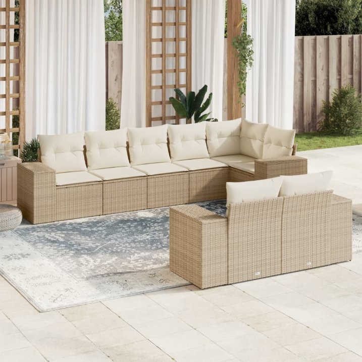 8-tlg. Garten-Sofagarnitur mit Kissen Schwarz Poly Rattan