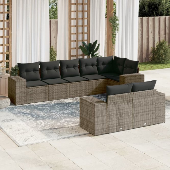 8-tlg. Garten-Sofagarnitur mit Kissen Schwarz Poly Rattan