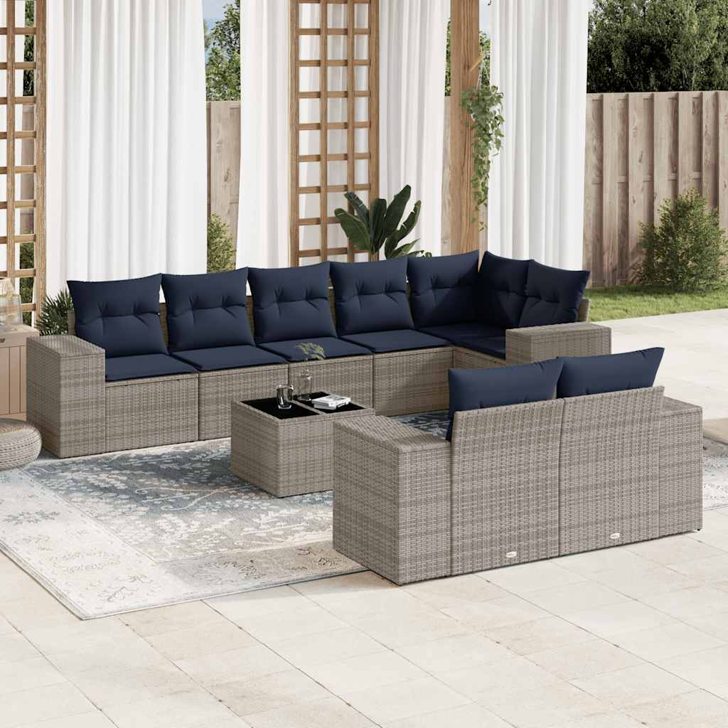8-teiliges Gartensofa-Set mit Kissen, schwarzes Polyrattan