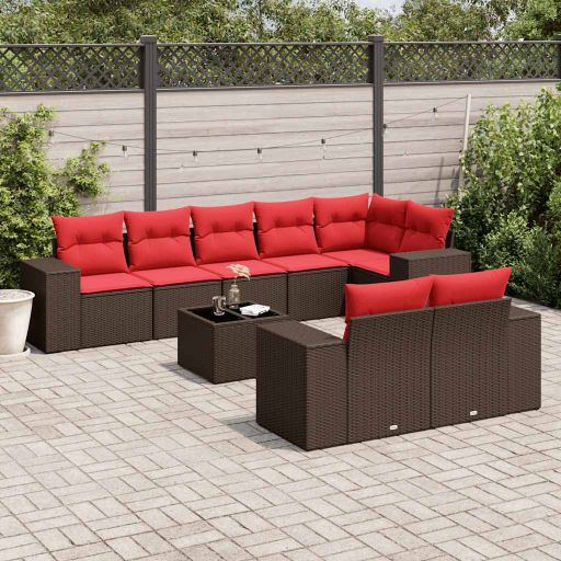 8-teiliges Gartensofa-Set mit Kissen, schwarzes Polyrattan