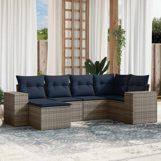 6-teiliges Gartensofa-Set mit Kissen, schwarzes Polyrattan