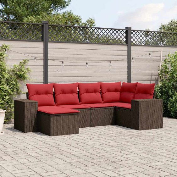 6-teiliges Gartensofa-Set mit Kissen, schwarzes Polyrattan